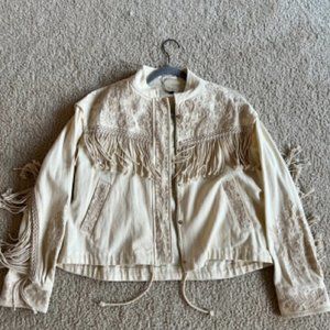 Zara Cream/Off-white Fringe Western Denim Jacket
